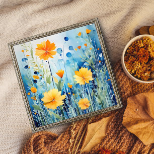 明るい青の背景に金色の花 フォトプリント