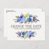 明るい青の黄色結婚い花の日付の変更 案内ポストカード (正面/裏面)