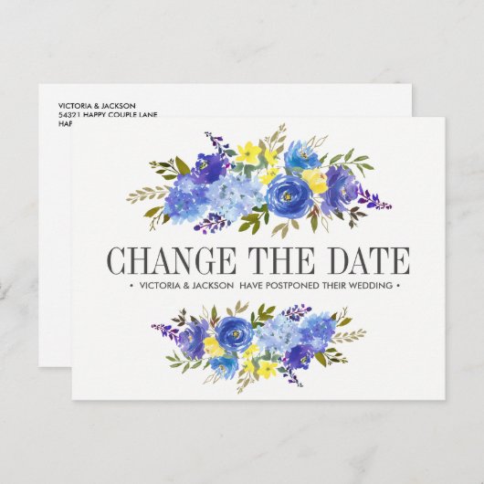明るい青の黄色結婚い花の日付の変更 案内ポストカード (正面/裏面)