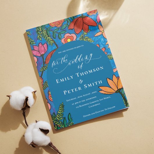 明るい青オレンジ色の手描きフローラ結婚ズ 招待状