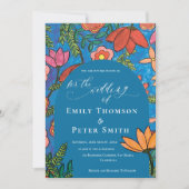 明るい青オレンジ色の手描きフローラ結婚ズ 招待状 (正面)