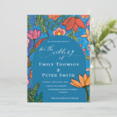 明るい青オレンジ色の手描きフローラ結婚ズ 招待状 (スタンド正面)