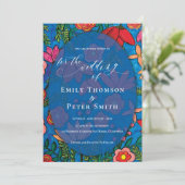 明るい青オレンジ色の手描きフローラ結婚ズ 招待状 (スタンド正面)