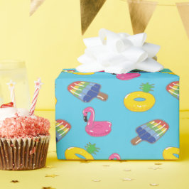 明るい青パターン（の模様が）あるとピンクの夏のプール ラッピングペーパー