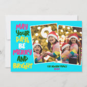 明るい青メリークリスマスツーフォトコラージュ シーズンカード (正面)