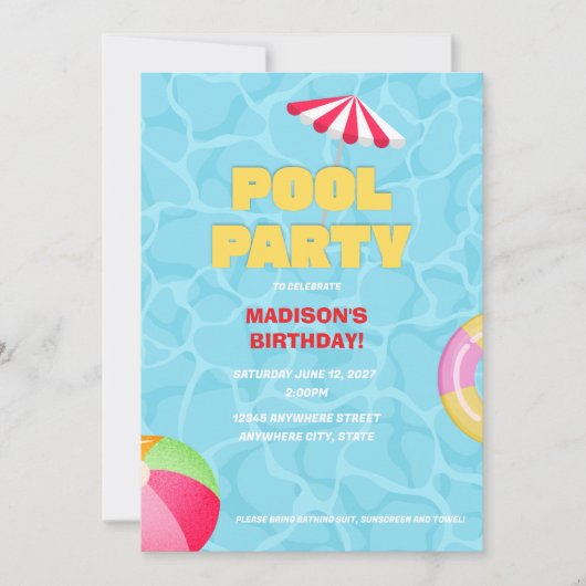 明るい青色の夏のプールパーティーの誕生日招待状 (正面)