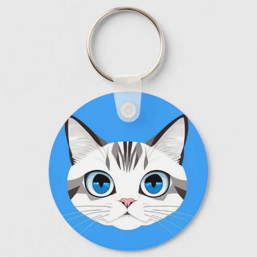 明るい青色の背景に青い目をした猫 キーホルダー (正面)