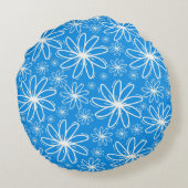 明るい青、白いハートと花 ラウンドクッション (裏面)