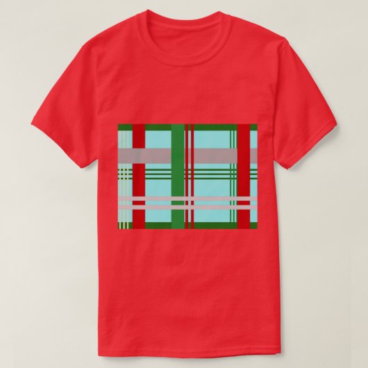 明るい青、緑、赤のプライパターン（の模様が）あるド Tシャツ (デザイン正面)