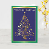 明るい青、金、緑の折りたたみクリスマスカード カード (黄色い花)