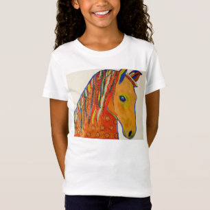 明るい馬のデザインの女の子の帽子の袖のTシャツ Tシャツ