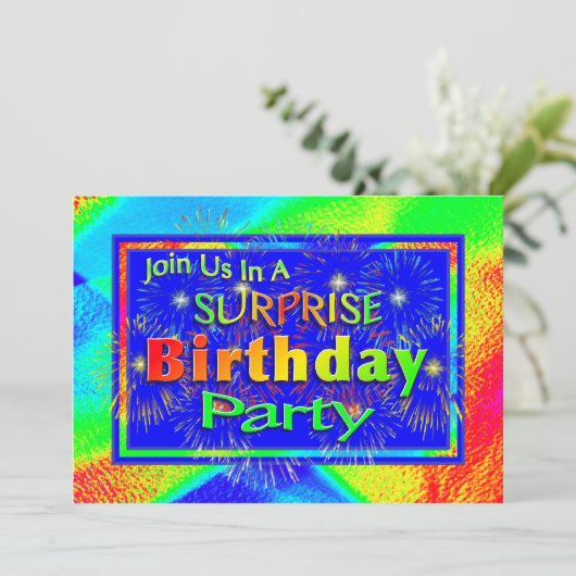明るい驚きのバースデーパーティ招待状 招待状 (スタンド正面)