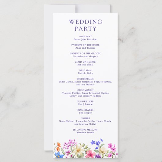 明るい鮮やかな色ワイルドフラワー結婚式 プログラム (裏面)