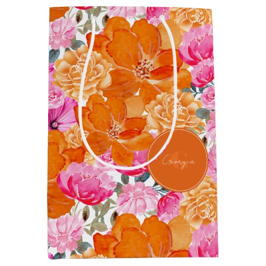 明るい鮮やかピンクのオレンジ色のフローラ&モノグラム名 ミディアムペーパーバッグ (正面)