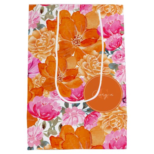 明るい鮮やかピンクのオレンジ色のフローラ&モノグラム名 ミディアムペーパーバッグ (裏面)