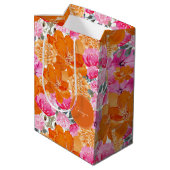 明るい鮮やかピンクのオレンジ色のフローラ&モノグラム名 ミディアムペーパーバッグ (裏面アングル)
