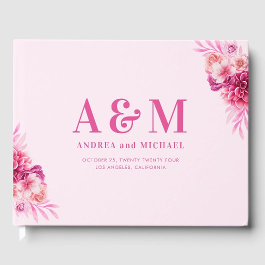 明るい鮮やかホットピンクモノグラムエレガントな結婚式 ゲストブック (正面)