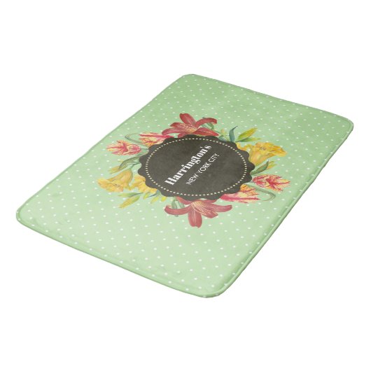 明るい鮮やか春の花リース水玉模様 バスマット (アングル)