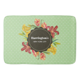 明るい鮮やか春の花リース水玉模様 バスマット