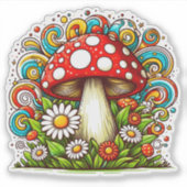 明るい鮮やか花に囲まれたキノコ シール (正面)