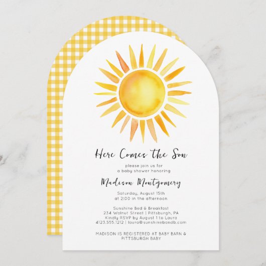 明るい黄色こ来この息子の赤ちゃんシャワー 招待状 (正面/裏面)