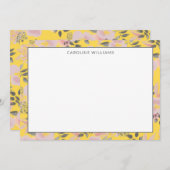 明るい黄色とピンクの花の柄と名前 ノートカード (正面/裏面)