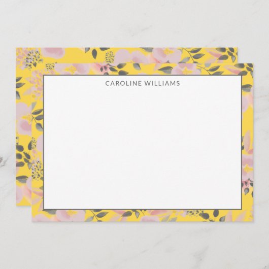 明るい黄色とピンクの花の柄と名前 ノートカード (正面/裏面)