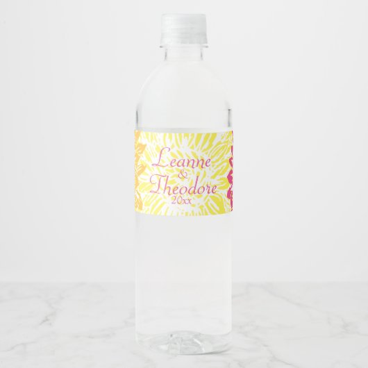 明るい黄色とピンク色のミーム ペットボトルラベル (正面)