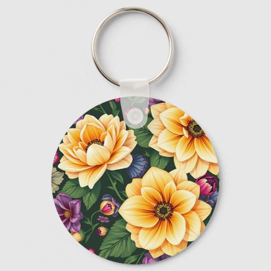 明るい黄色と紫の花のカラフルフローラ キーホルダー (正面)