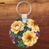 明るい黄色と紫の花のカラフルフローラ キーホルダー (正面)