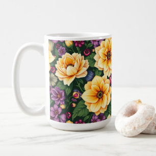 明るい黄色と紫の花のカラフルフローラ コーヒーマグカップ