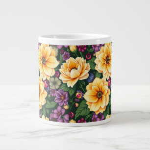明るい黄色と紫の花のカラフルフローラ ジャンボコーヒーマグカップ