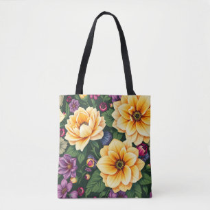 明るい黄色と紫の花のカラフルフローラ トートバッグ
