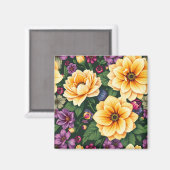 明るい黄色と紫の花のカラフルフローラ マグネット (正面/裏面)