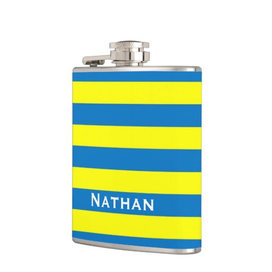 明るい黄色と青のストライプパーソナライズされた フラスク (左)