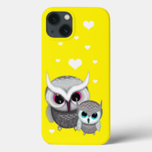 明るい黄色にフクロウとハート iPhone 13ケース