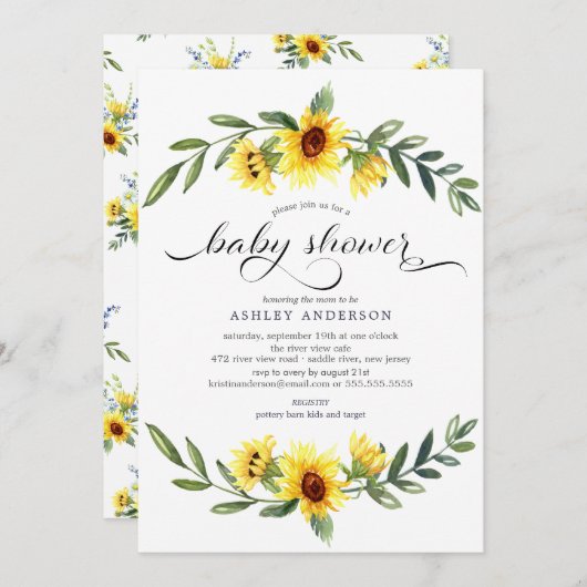 明るい黄色のひまわりフローラ赤ちゃんシャワー 招待状 (正面/裏面)