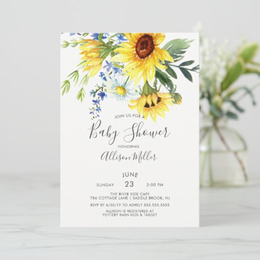 明るい黄色のひまわりフローラ赤ちゃんシャワー 招待状 (スタンド正面)