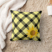 明るい黄色のひまわり付き格子柄 クッション (ブランケット)