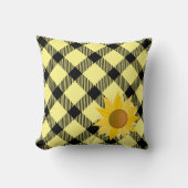 明るい黄色のひまわり付き格子柄 クッション (正面)