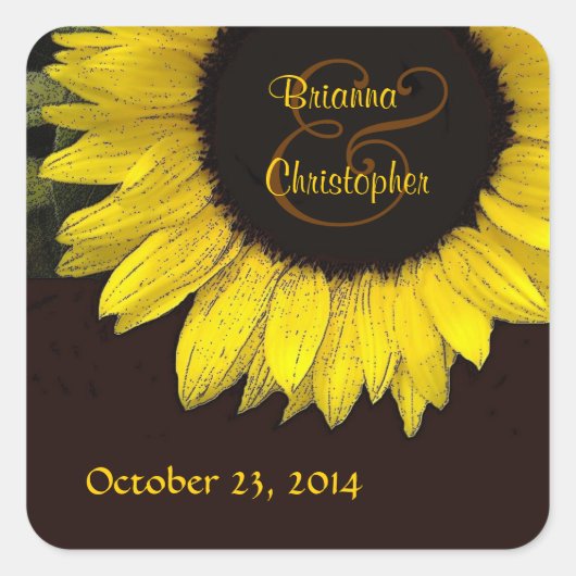 明るい黄色のひまわり結婚のステッカー スクエアシール (正面)