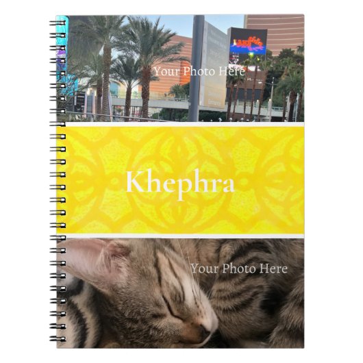 明るい黄色のろうけつ染めフォト縁どコラージュ、名前 ノートブック (正面)