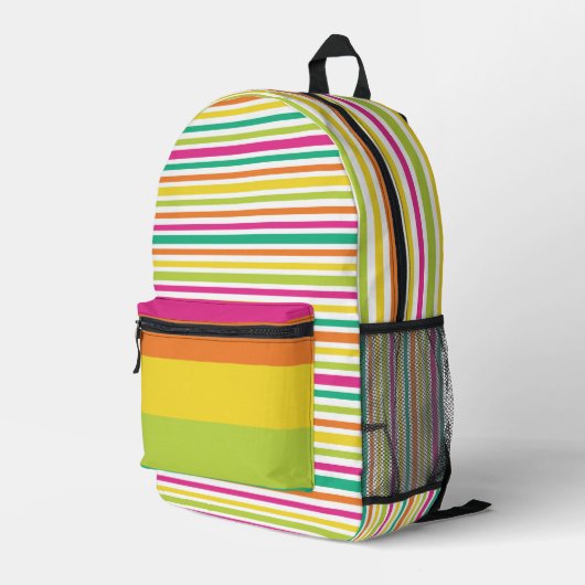 明るい黄色のオレンジ色のピンクの青い緑のストライプ プリントバックパック (裏面右端)