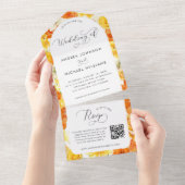 明るい黄色のオレンジ色の夏のフローラQRコード結婚ズ オールインワン招待状 (貼ってはがせる)
