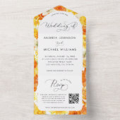 明るい黄色のオレンジ色の夏のフローラQRコード結婚ズ オールインワン招待状 (内側)