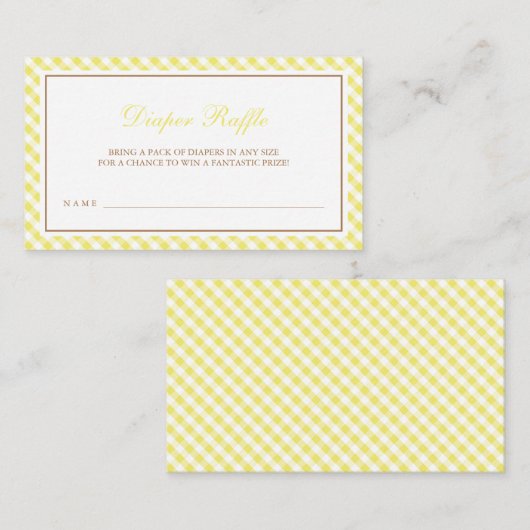 明るい黄色のギンガムベビーシャワーおむつラッフル エンクロージャーカード (正面/裏面)