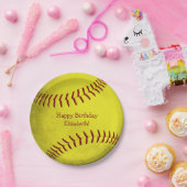 明るい黄色のソフトボールをテーマにした女子スポーツパーティー ペーパープレート (パーティー)