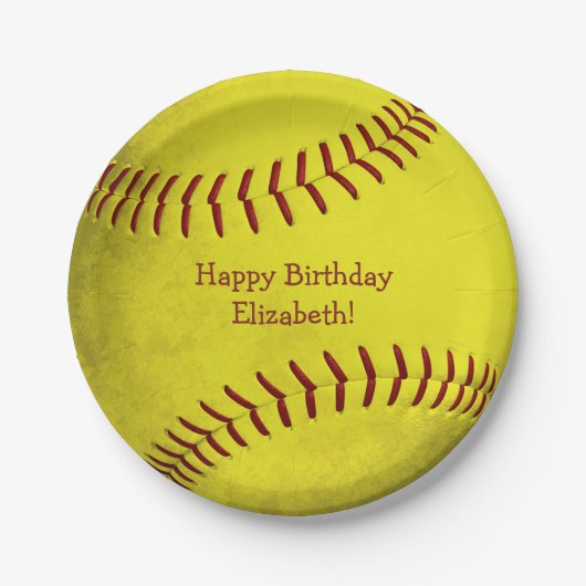 明るい黄色のソフトボールをテーマにした女子スポーツパーティー ペーパープレート (正面)