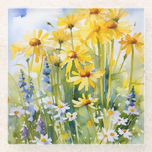 明るい黄色のデイジー、ワイルドフラワー ガラスコースター (正面)