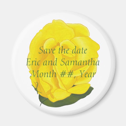 明るい黄色のバラ、日付の磁結婚石を保存 マグネット (正面)
